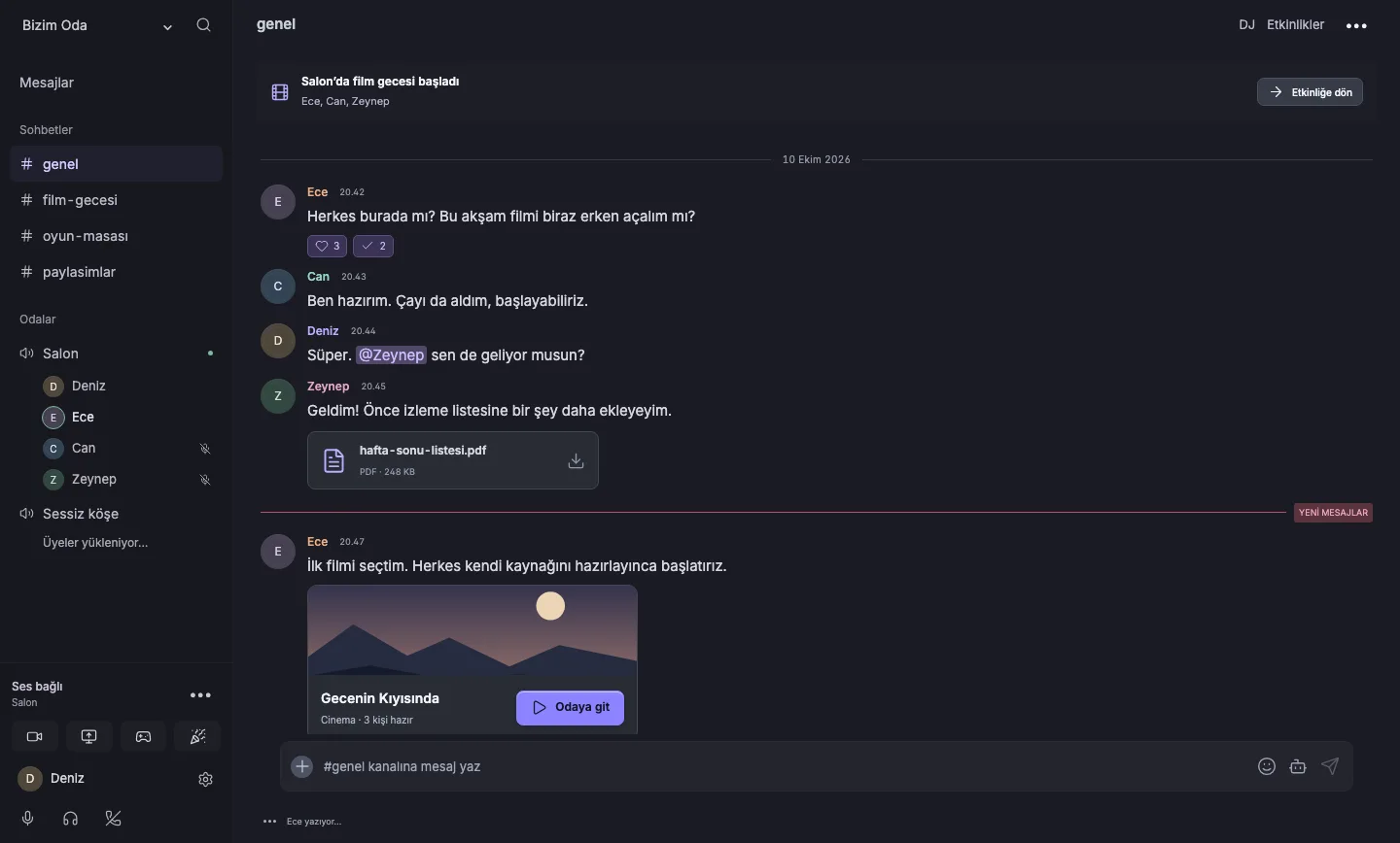 The general channel in Tayfa: sample users talk about movie night; a PDF and a film card are shared.